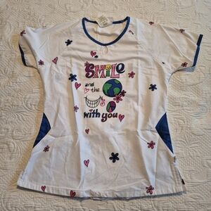 Happy Scrubs women's size Small bright color design & floral graphic EUC